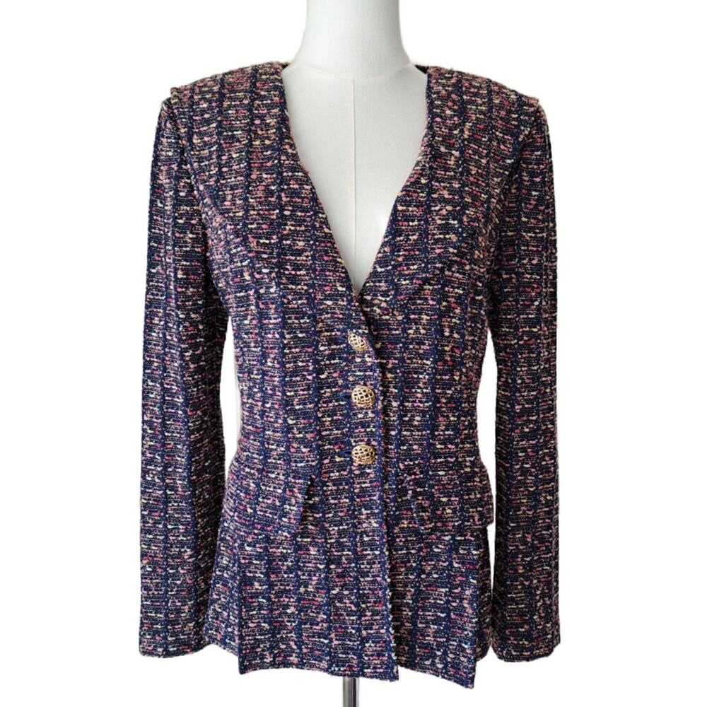 St. John Navy Pink Tweed Boucle Knit Gold Basketweave Button Blazer Jacket 8